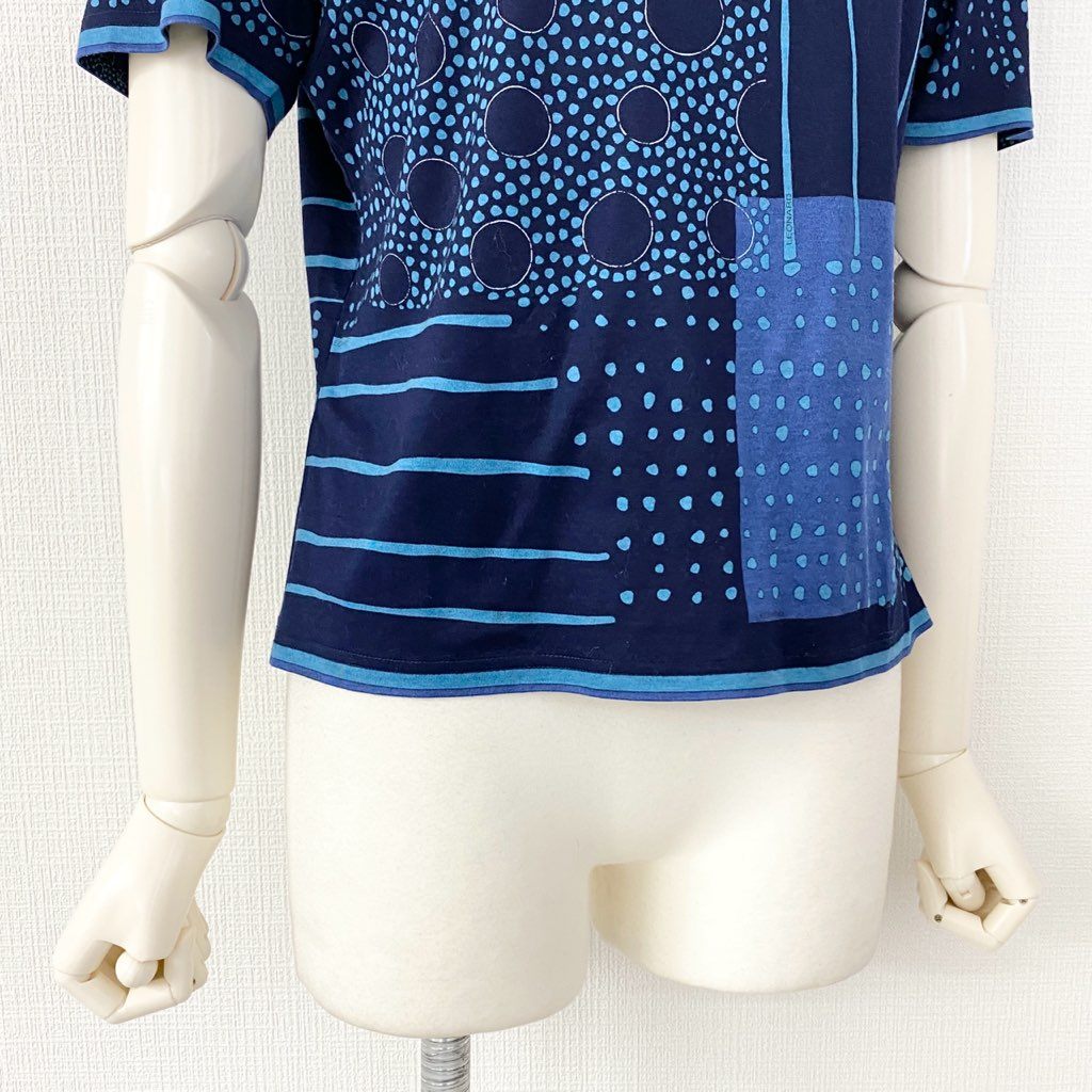 8b5-2 LEONARD レオナール 半袖Tシャツ カットソー ドット ストライプ柄 L ネイビー コットン100% レディース