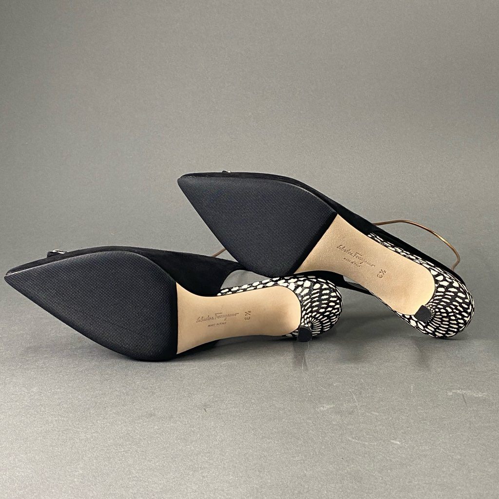 8b29 《極美品》 Salvatore Ferragamo サルヴァトーレ フェラガモ Willis ウィリス スエード ミュール パンプス 6 1/2 ブラック VARA ヴァラ イタリア製 シューズ