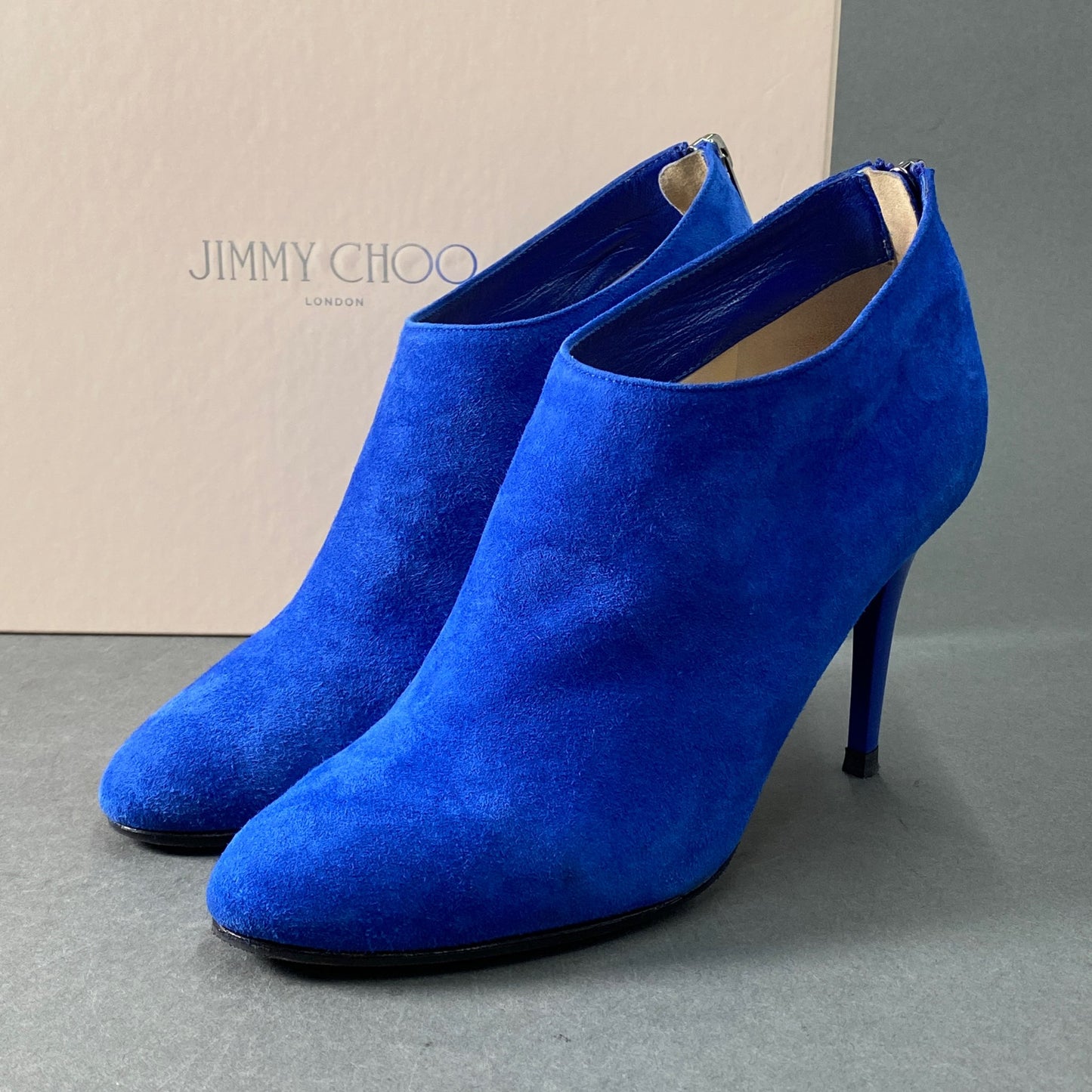 2a28 JIMMY CHOO ジミーチュウ イタリア製 144MENDEZ バックジップ ヒール ブーティ シューズ 37 ブルー スエード レザー MADE IN ITALY