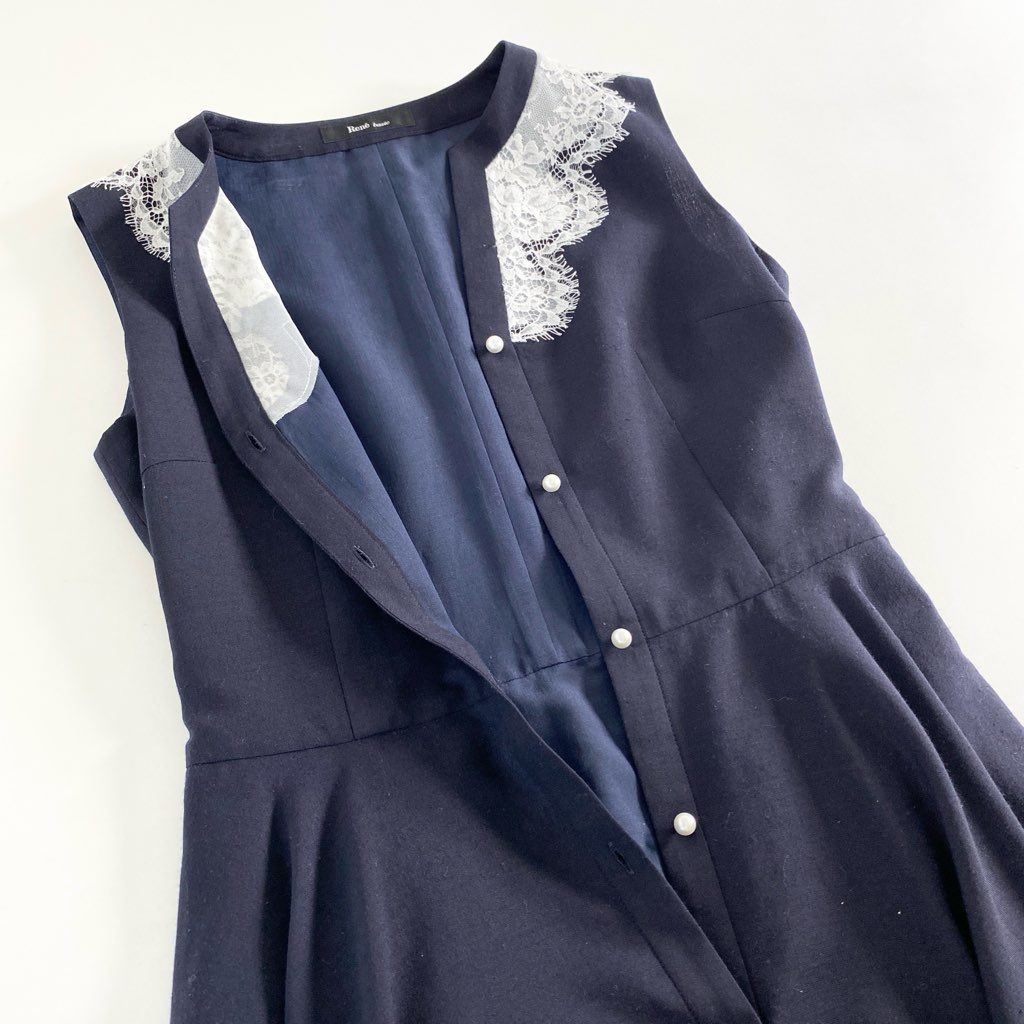 42c11 Rene basic ルネ ベーシック レース切替 パールボタンワンピース ドレス 34 ネイビー 日本製 ノースリーブ