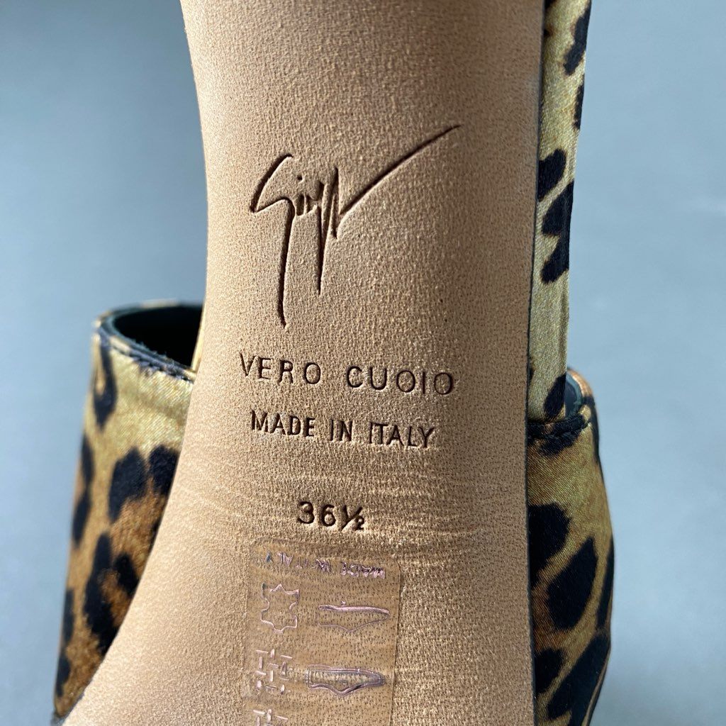 4b24 《美品》 Giuseppe Zanotti ジュゼッペザノッティ イタリア製 レオパード柄 ピンヒール ミュール オープントゥ パンプス サンダル シューズ 36 1/2 ブラウン系 MADE IN ITALY
