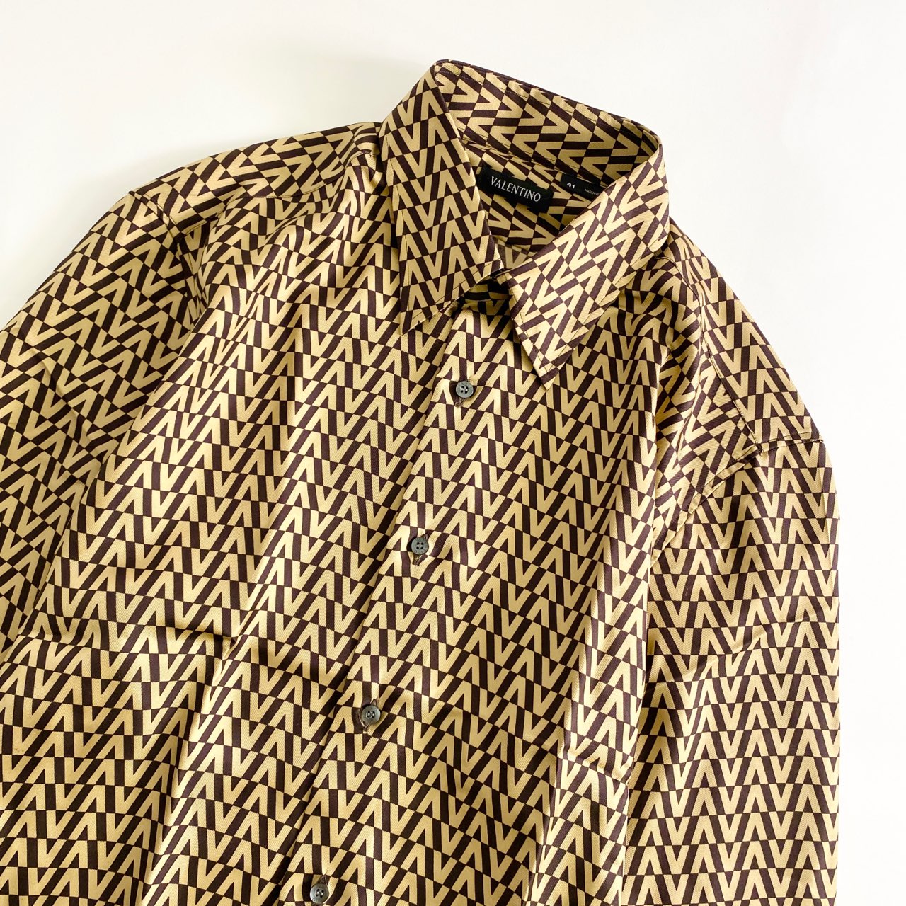 66L7《美品》イタリア製 VALENTINO ヴァレンティノ 総柄シルクシャツ 41 ブラウン ゴールド silk100% ヴィンテージ レトロ