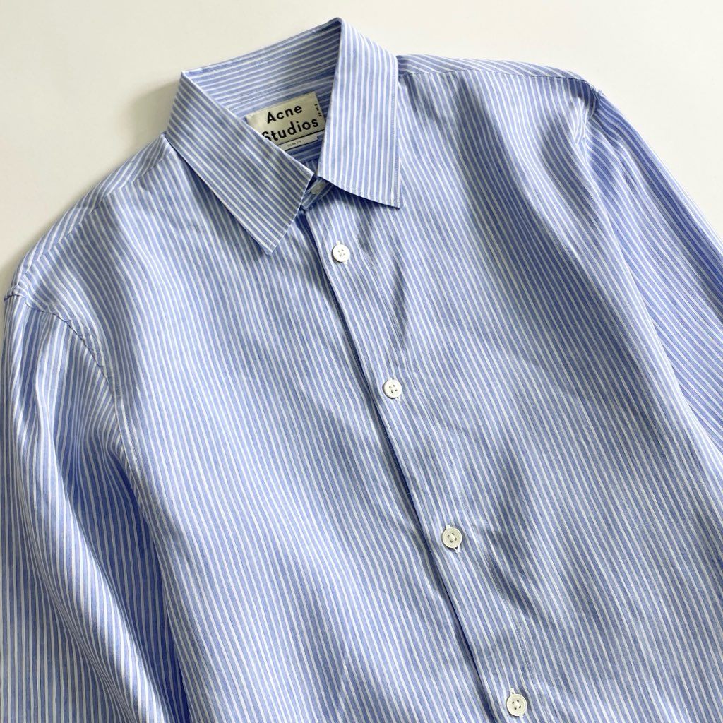 53b25 Acne Studios アクネ ステュディオス リネン混 ストライプシャツ 46 ブルー SLIM FIT モロッコ製 SHIRT