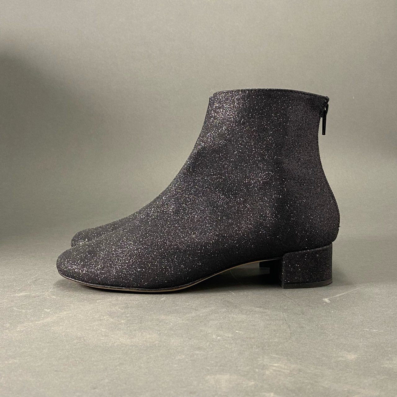 4c8 《美品》 Repetto レペット フランス製 バックジップ アンクルブーツ ヒールブーツ シューズ ラメ 39 ダークグレー ブラック レザー 山羊革 MADE IN FRANCE