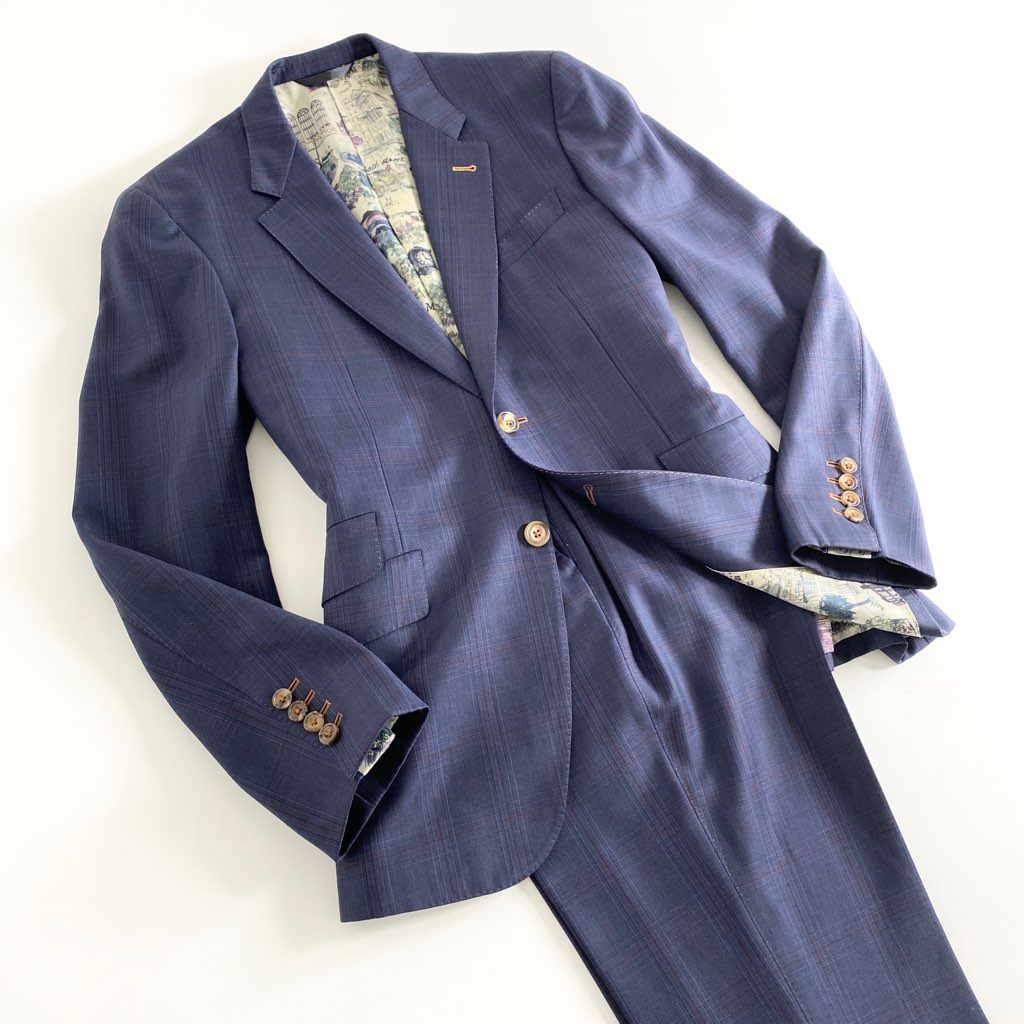 56b12 日本製 Paul Smith COLLECTION ポールスミス コレクション シングルスーツ セットアップ 裏地総柄 サイズL ブルー×レッド チェック ウール100% メンズ