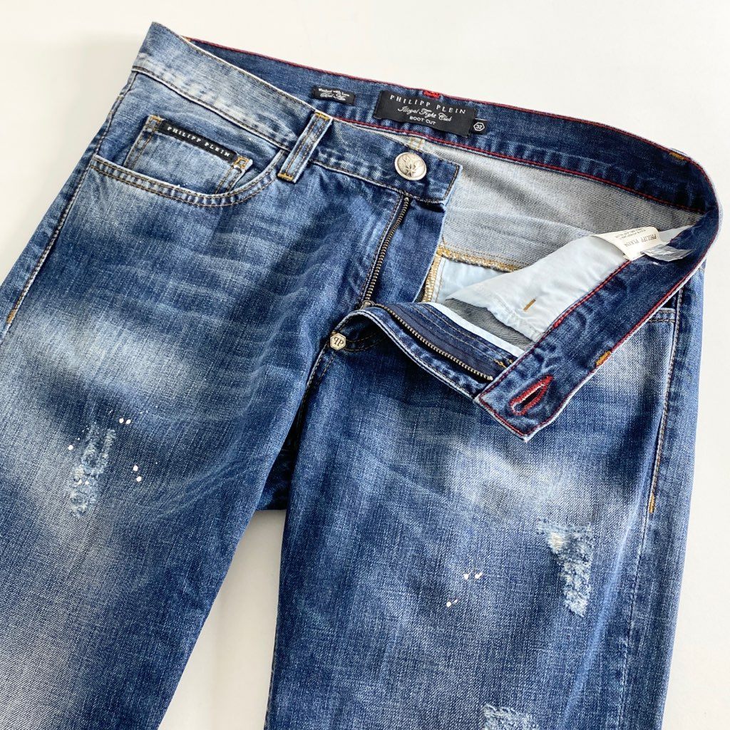 58b13 PHILIPP PLEIN フィリッププレイン ヴィンテージ加工 デニムパンツ ジーンズ 32 インディゴ ペンキ加工 DENIM PANTS