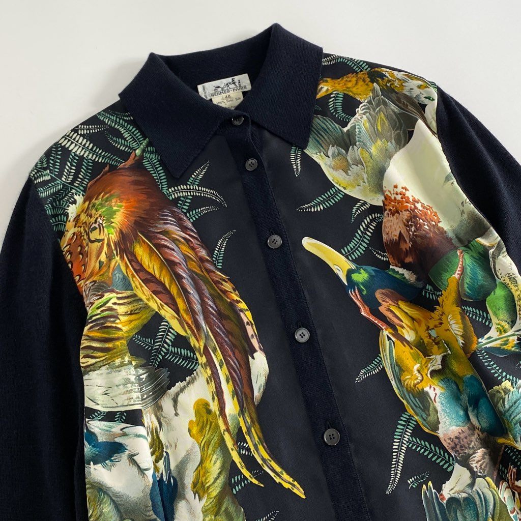 49c6 《美品》 HERMES エルメス バードプリント シルクニットシャツ 40 ブラック SILK100% カシミヤ混 フランス製