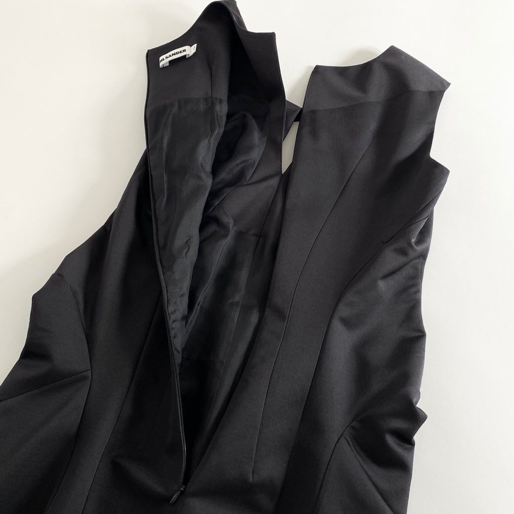 12b7-5 JIL SANDER ジルサンダー イタリア製 ノースリーブワンピース ドレス バックジップ 34 ブラック ウール MADE IN ITALY