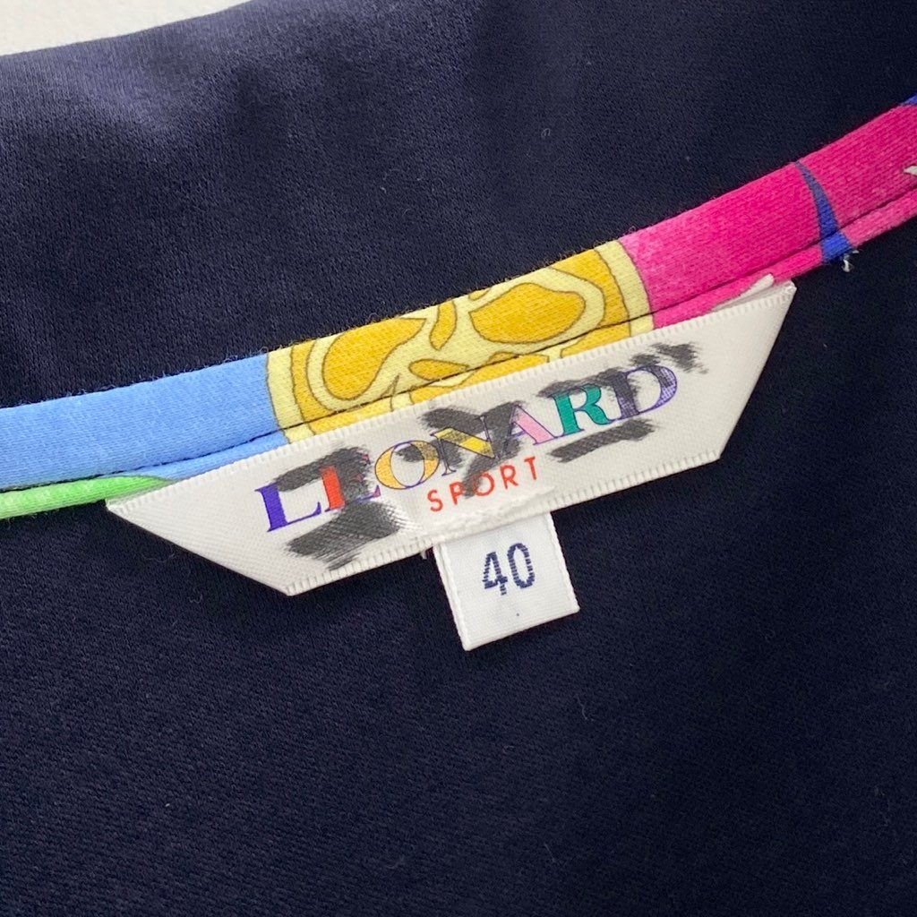 53b4 LEONARD レオナール フラワープリント ポロシャツ 40 ネイビ- トップス 半袖 花柄 日本製 POLO SHIRT