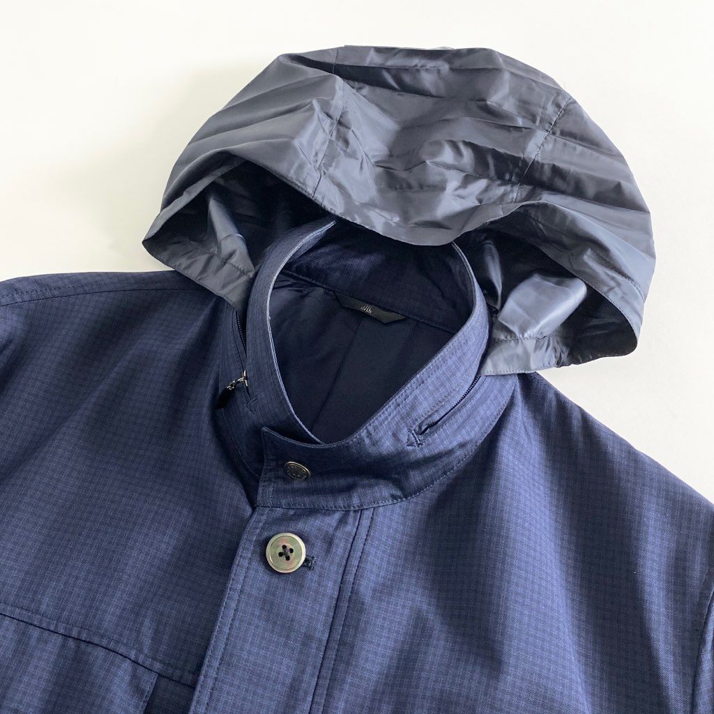 57b12-2 《美品》 大きいサイズ LANVIN COLLECTION ランバン コレクション スタンドカラージャケット ブルゾン 収納フード付き サイズ50 ネイビー シルク100% メンズ