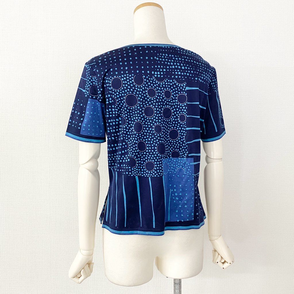8b5-2 LEONARD レオナール 半袖Tシャツ カットソー ドット ストライプ柄 L ネイビー コットン100% レディース