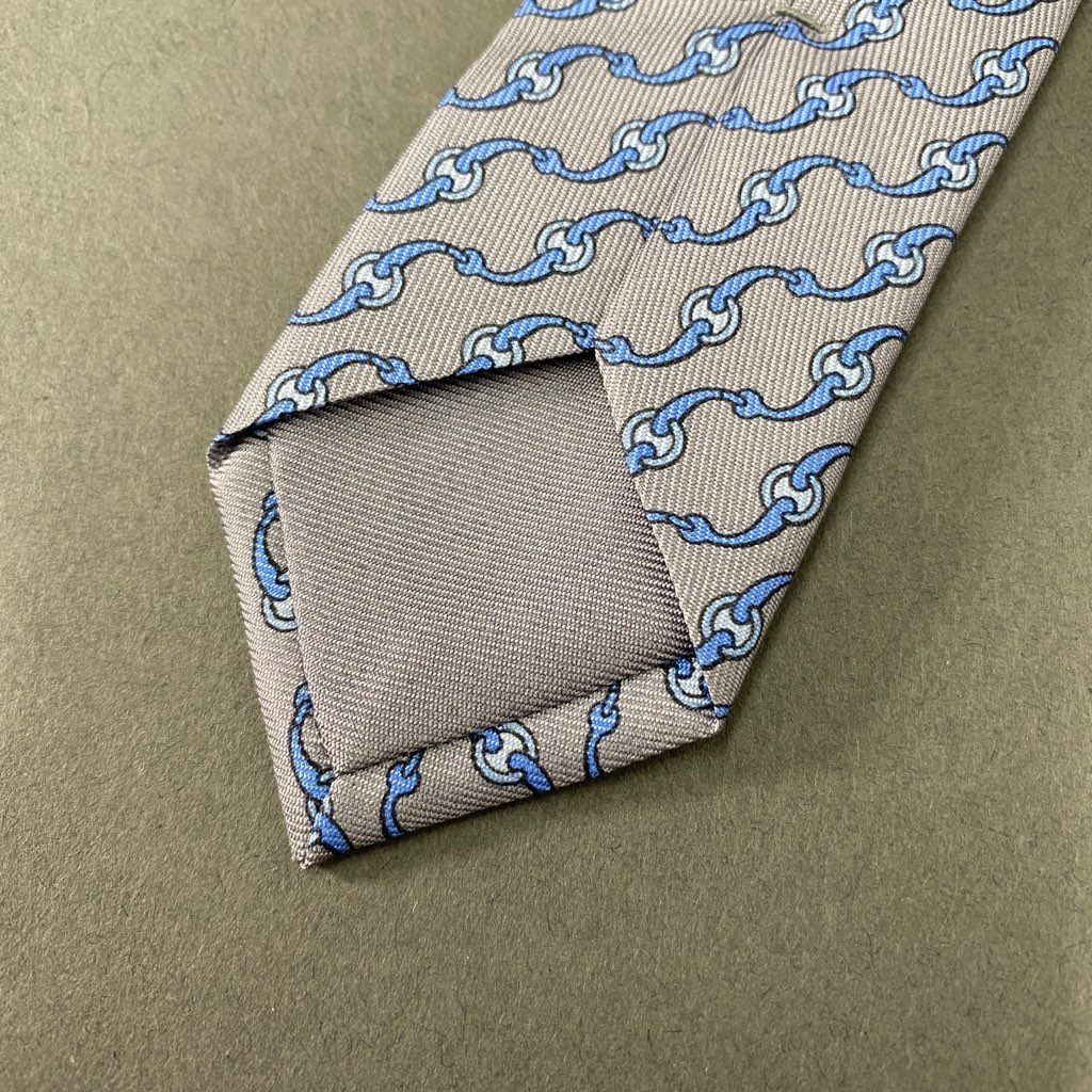 39b6-12 HERMES エルメス 総柄 シルクネクタイ ビジネス フォーマル SILK フランス製 605832 IA グレー ブルー シルク100%