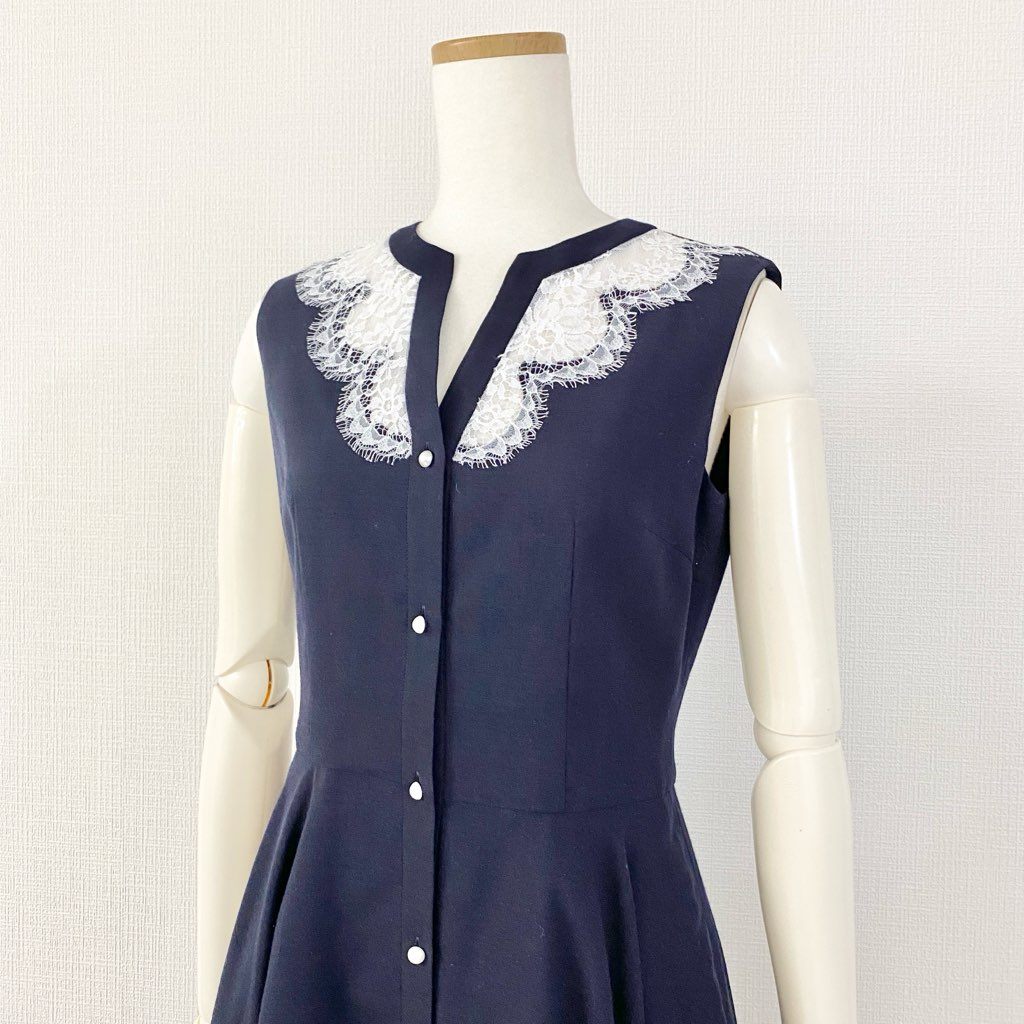 42c11 Rene basic ルネ ベーシック レース切替 パールボタンワンピース ドレス 34 ネイビー 日本製 ノースリーブ