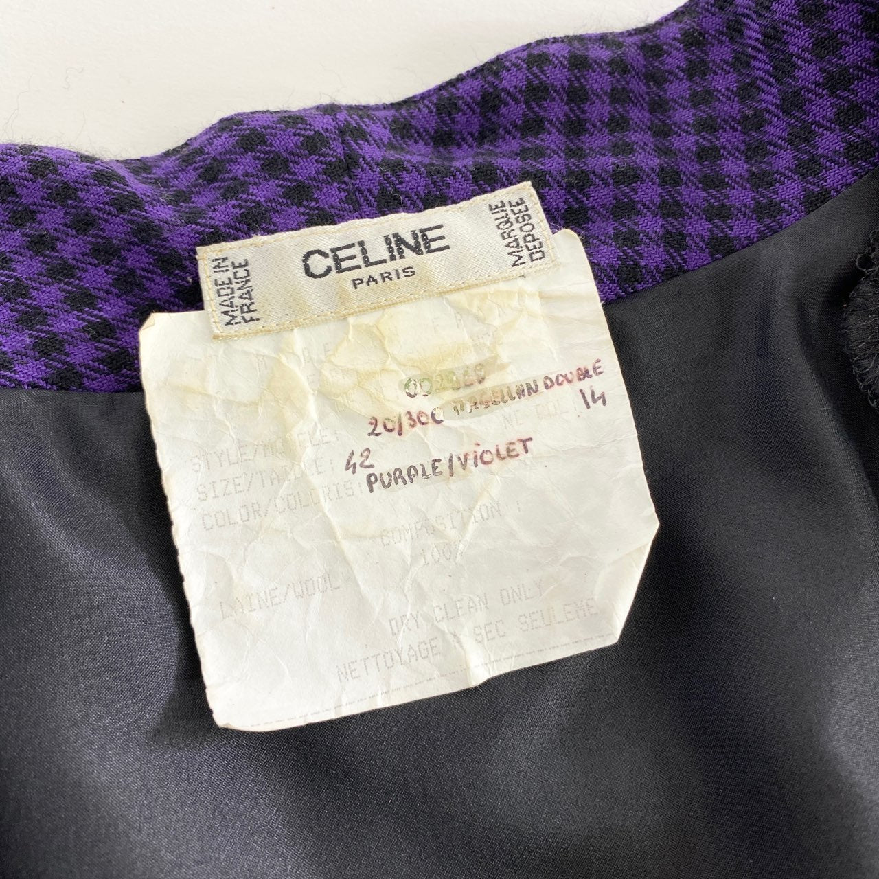 33L7《美品》CELINE セリーヌ レトロチェックワンピース 42 パープル ドレス ヴィンテージ 古着 金ボタン
