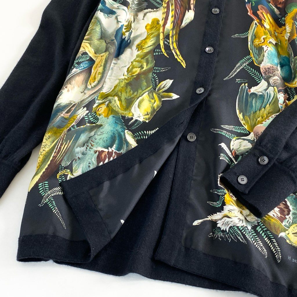 49c6 《美品》 HERMES エルメス バードプリント シルクニットシャツ 40 ブラック SILK100% カシミヤ混 フランス製