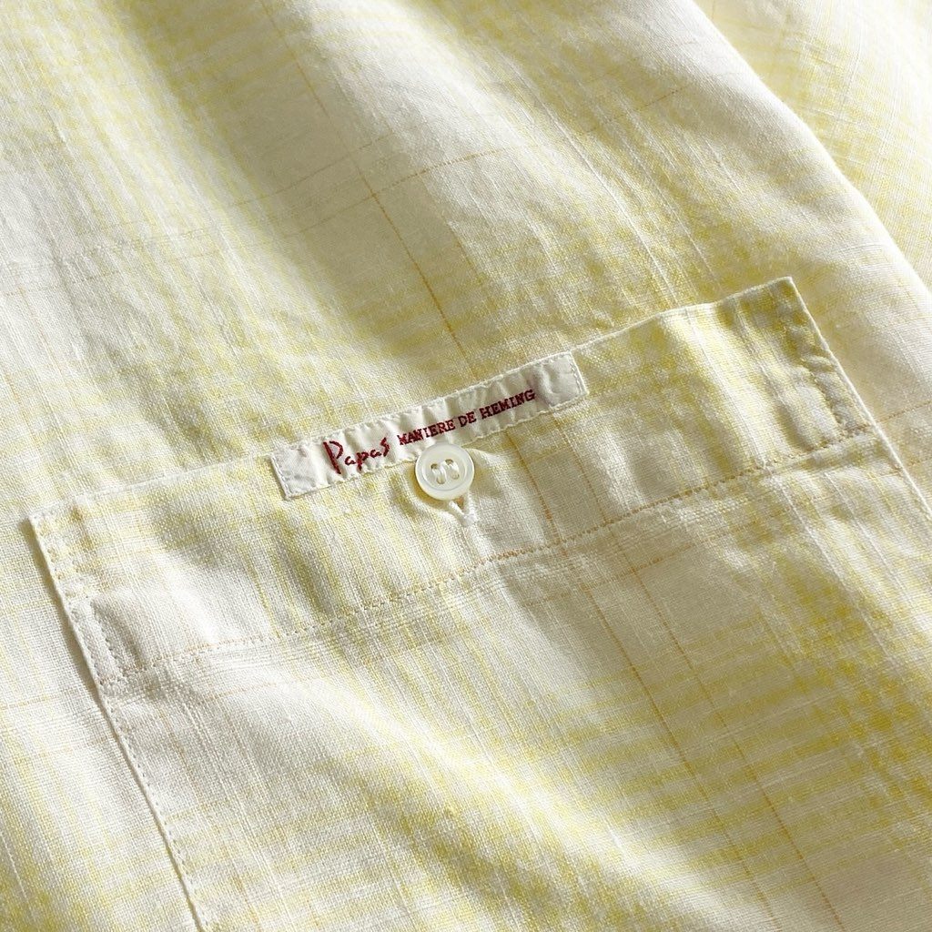 22b25-3 Papas パパス 日本製 リネン 半袖シャツ L イエロー LINEN SHIRT ショートスリーブ ワンポイントロゴ チェック柄 MADE IN JAPAN
