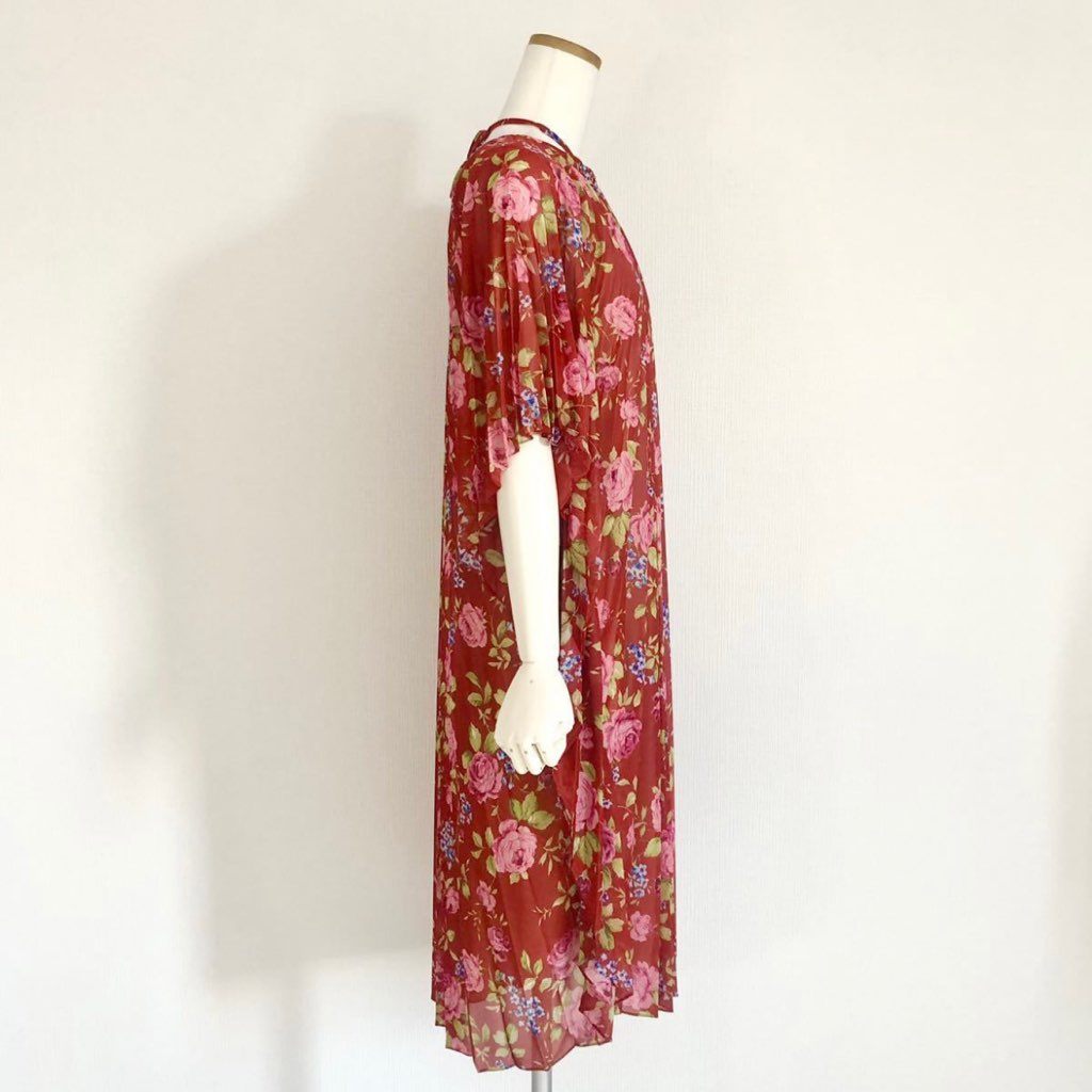 29i27 《未使用》 BALENCIAGA バレンシアガ 17SS デムナ期 シルク100% 花柄ワンピース F34 レッド ドレス ドルマン 総柄