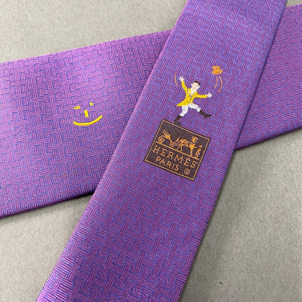b6-14 HERMES エルメス 刺繍 シルクネクタイ ビジネス フォーマル 編み込みプリント 428858T02 パープル シルク100% SILK フランス製