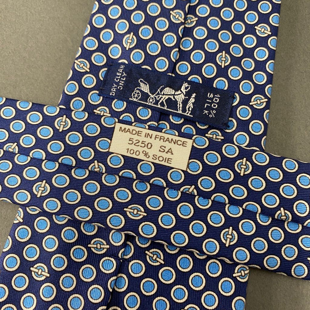 39b6-6 《美品》 HERMES エルメス シェーヌダンクル シルクネクタイ ビジネス フォーマル ネイビー ブルー フランス製 5250SA