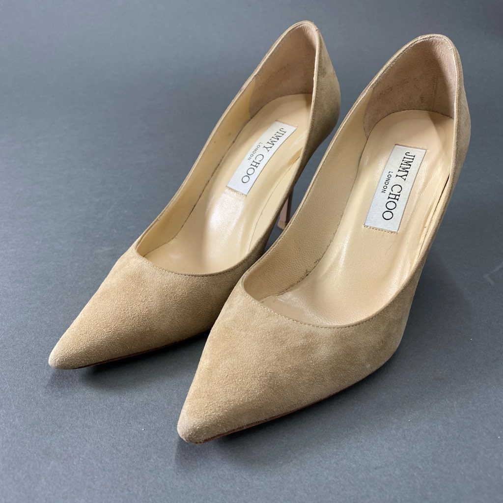 4b29 JIMMY CHOO ジミーチュウ スエードレザー ヒールパンプス 35 1/2 ベージュ イタリア製 シューズ ピンヒール セレモニー