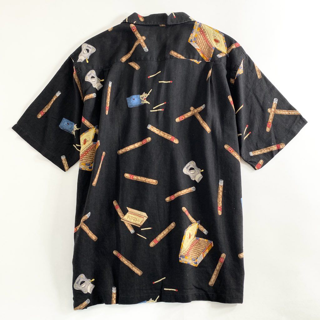 25b5-2 日本製 Papas パパス 半袖シャツ アロハシャツ 葉巻柄 総柄シャツ L ブラック 麻 リネン100% メンズ