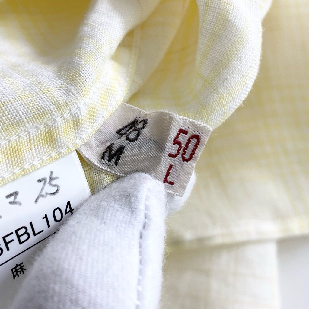22b25-3 Papas パパス 日本製 リネン 半袖シャツ L イエロー LINEN SHIRT ショートスリーブ ワンポイントロゴ チェック柄 MADE IN JAPAN