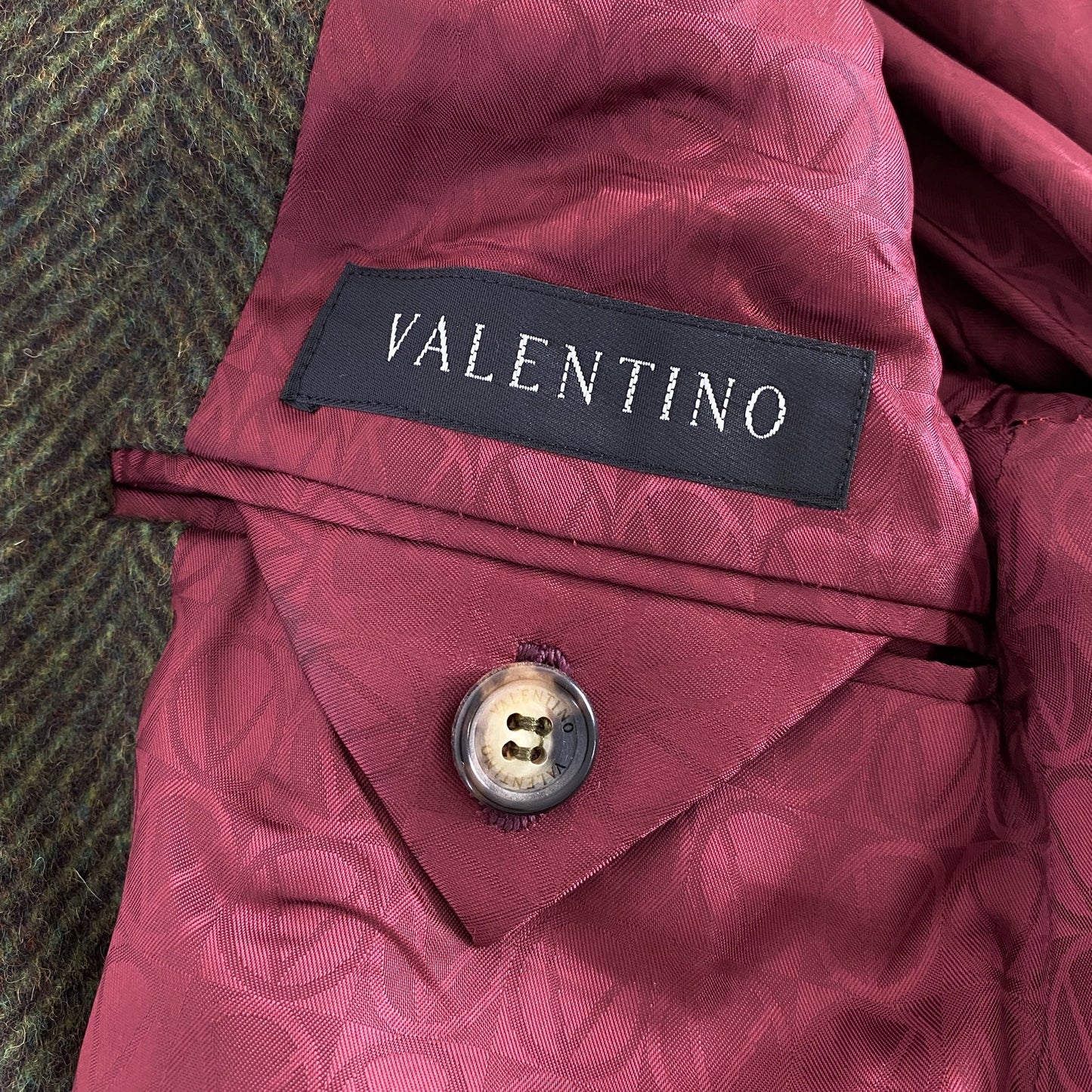 3L5《美品》伊製 VALENTINO ヴァレンティノ ヘリンボーンツイード チェスターコート ツイードコート I50(L相当) モスグリーン メンズ アウター