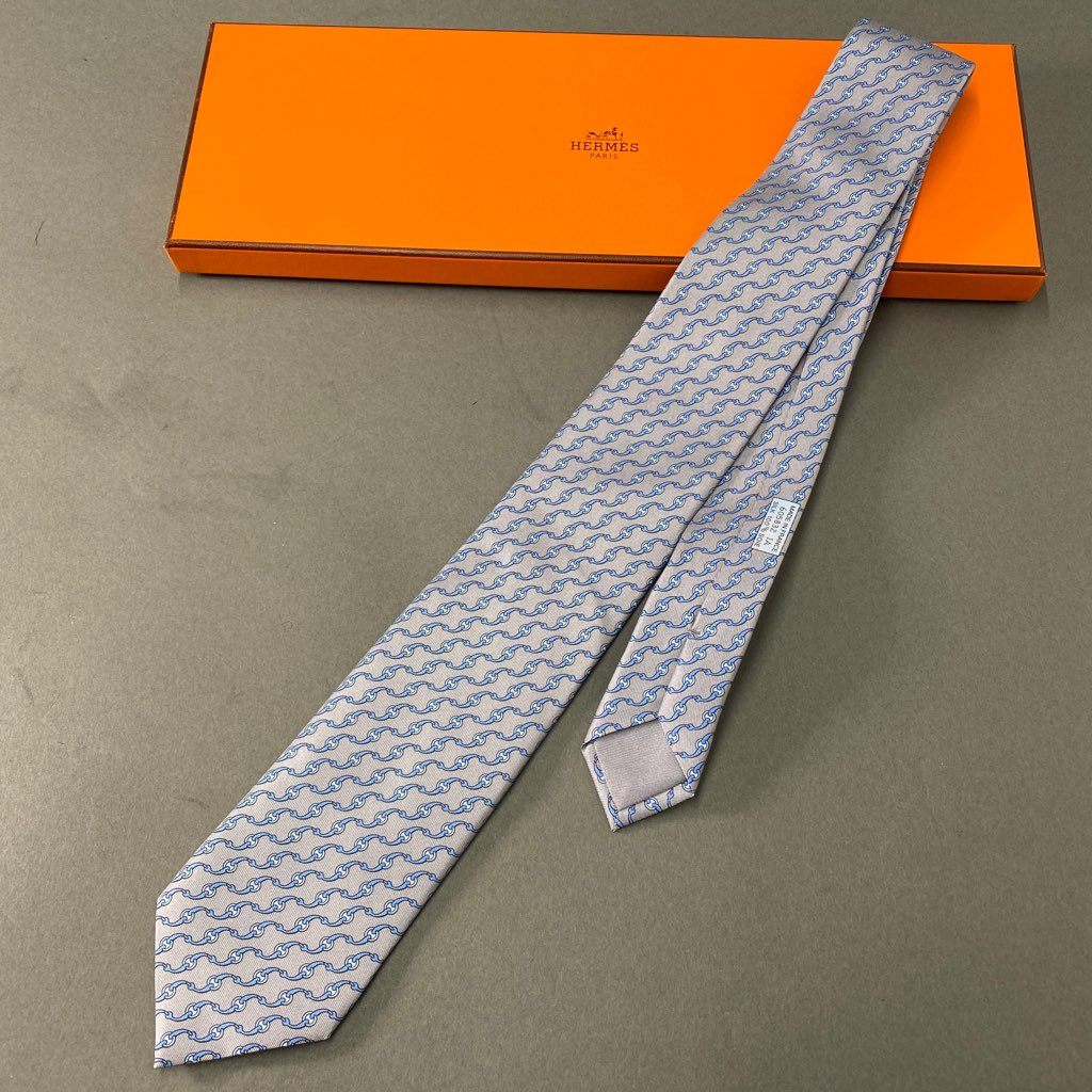39b6-12 HERMES エルメス 総柄 シルクネクタイ ビジネス フォーマル SILK フランス製 605832 IA グレー ブルー シルク100%