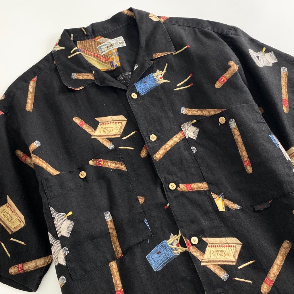 25b5-2 日本製 Papas パパス 半袖シャツ アロハシャツ 葉巻柄 総柄シャツ L ブラック 麻 リネン100% メンズ