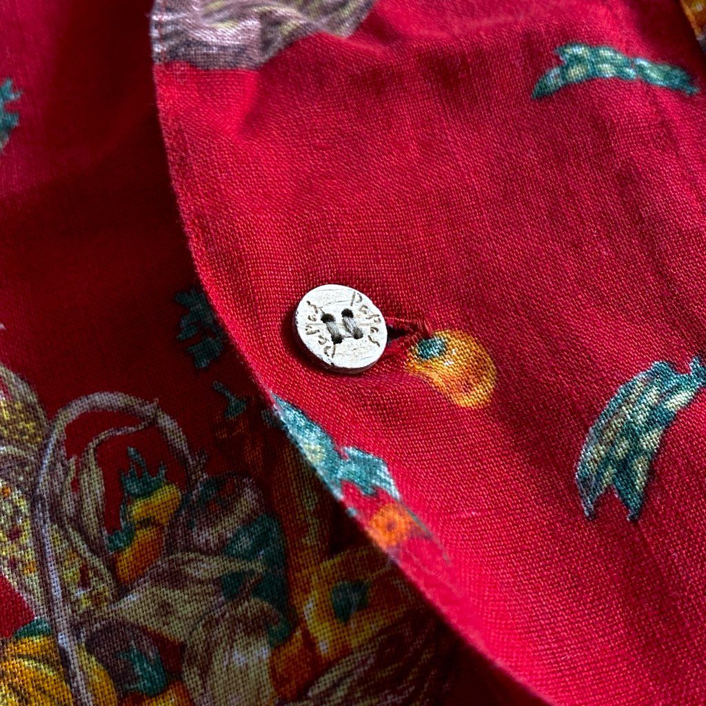 22b25-2 Papas パパス リネン アロハシャツ L レッド LINEN ALOHA SHIRT HAWAII ハワイ 半袖 オープンカラー