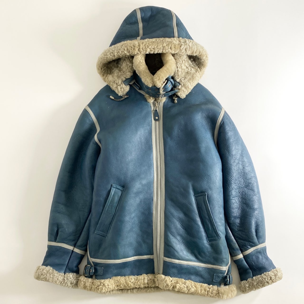 14a29 BEN DAVIS ベンデイビス × Schott ショット 世界150着限定 ムートンコート レザーコート リアルムートン 羊革 フード取り外し可能 40 ブルー メンズ 紳士服