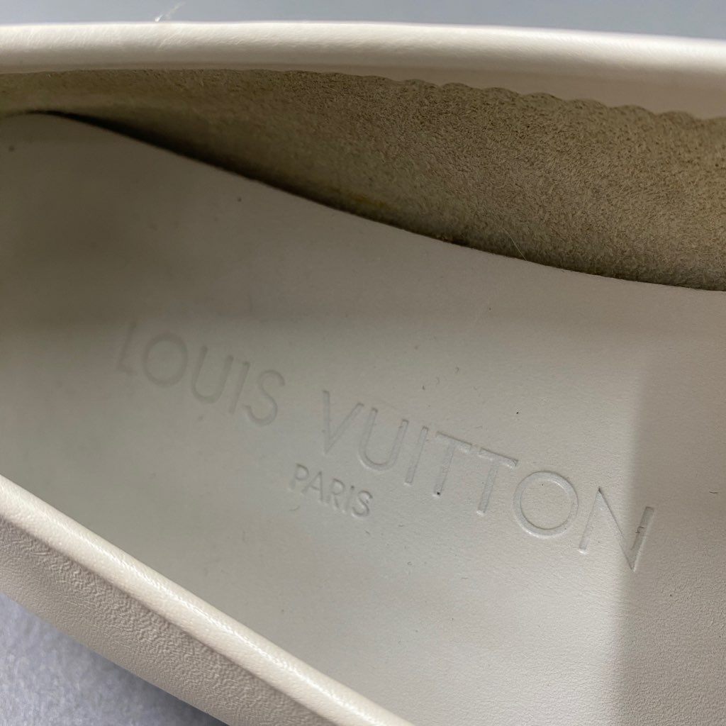 1b6 LOUIS VUITTON ルイヴィトン イタリア製 ローファー スリッポン スクエアトゥ モカシン シューズ 34 1/2 ホワイト クリーム系 レザー MADE IN ITALY