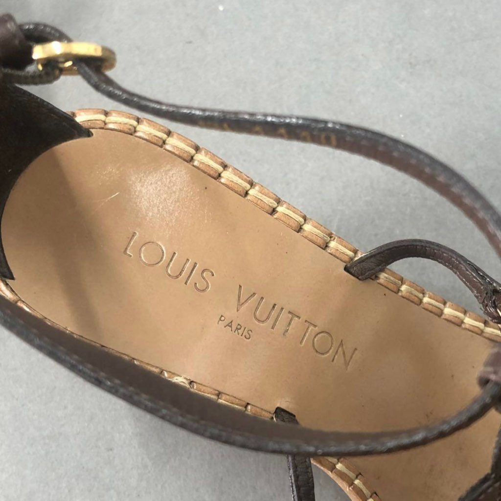 1g25 イタリア製 LOUIS VUITTON ルイヴィトン ウェッジソール サンダル レザー ロゴ金具 BL1110 サイズ37 ブラウン レディース 女性用