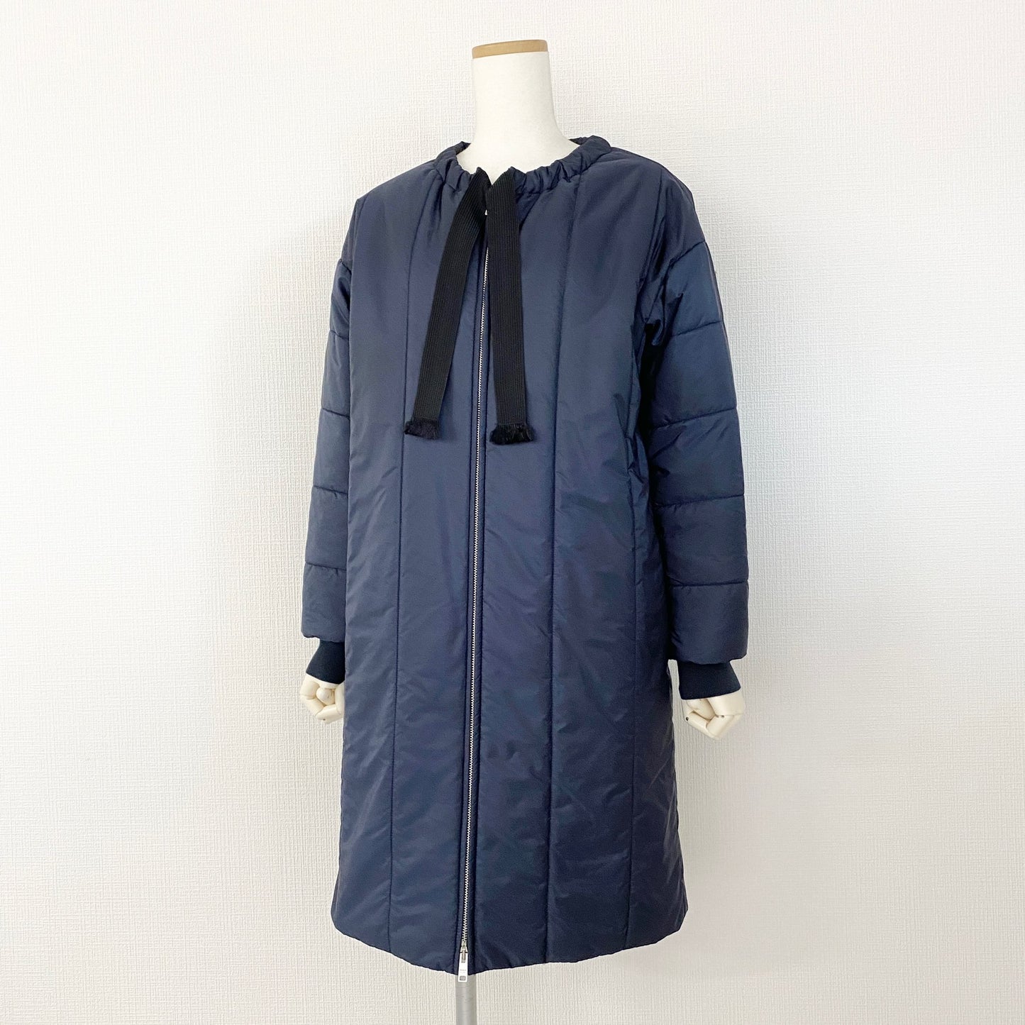 46a31 PRADA プラダ ボウタイ 中綿コート ロングコート 三角プレート リボン 29S085 サイズ38 ネイビー ナイロン100% レディース 女性用