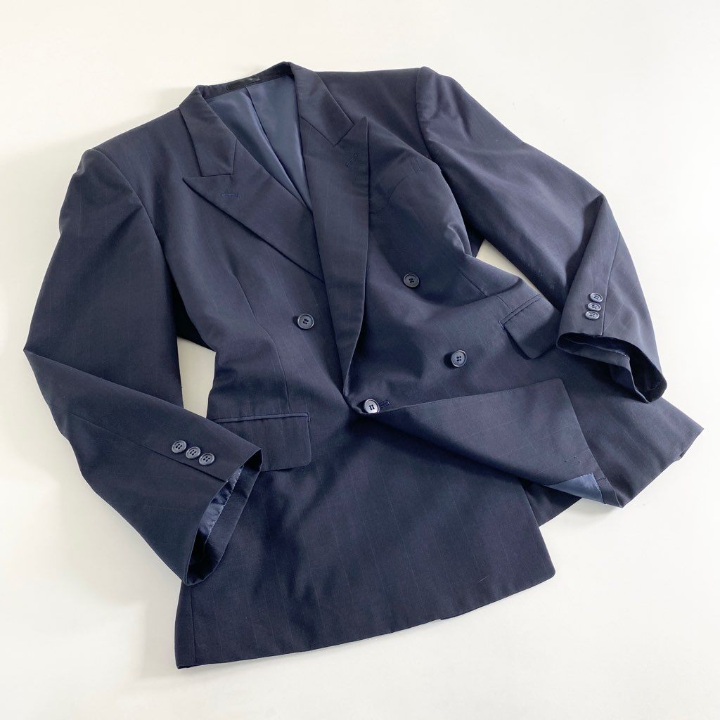 41b14 Yves Saint Laurent イヴサンローラン 日本製 ダブル テーラードジャケット ブレザー ストライプ ネイビー ウール MADE IN JAPAN