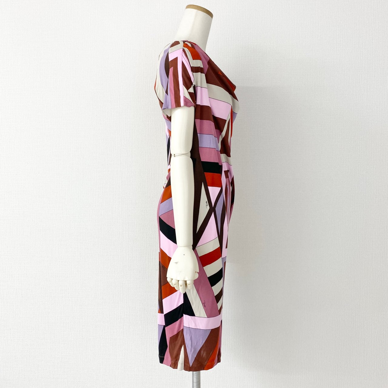 48a30 《美品》 EMILIO PUCCI エミリオプッチ ドレープワンピース 36 ピンク ドレス 半袖 イタリア製 総柄 春夏