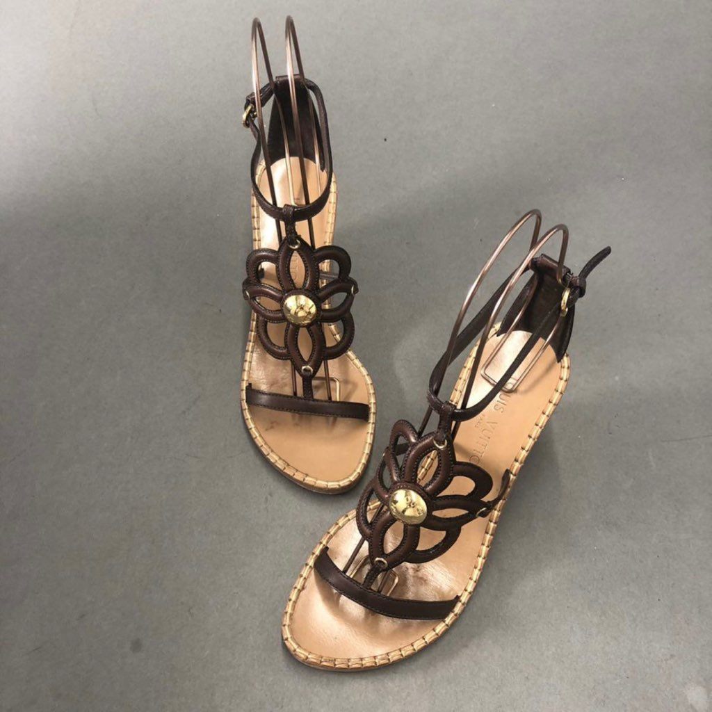 1g25 イタリア製 LOUIS VUITTON ルイヴィトン ウェッジソール サンダル レザー ロゴ金具 BL1110 サイズ37 ブラウン レディース 女性用