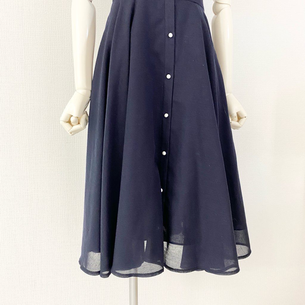 42c11 Rene basic ルネ ベーシック レース切替 パールボタンワンピース ドレス 34 ネイビー 日本製 ノースリーブ