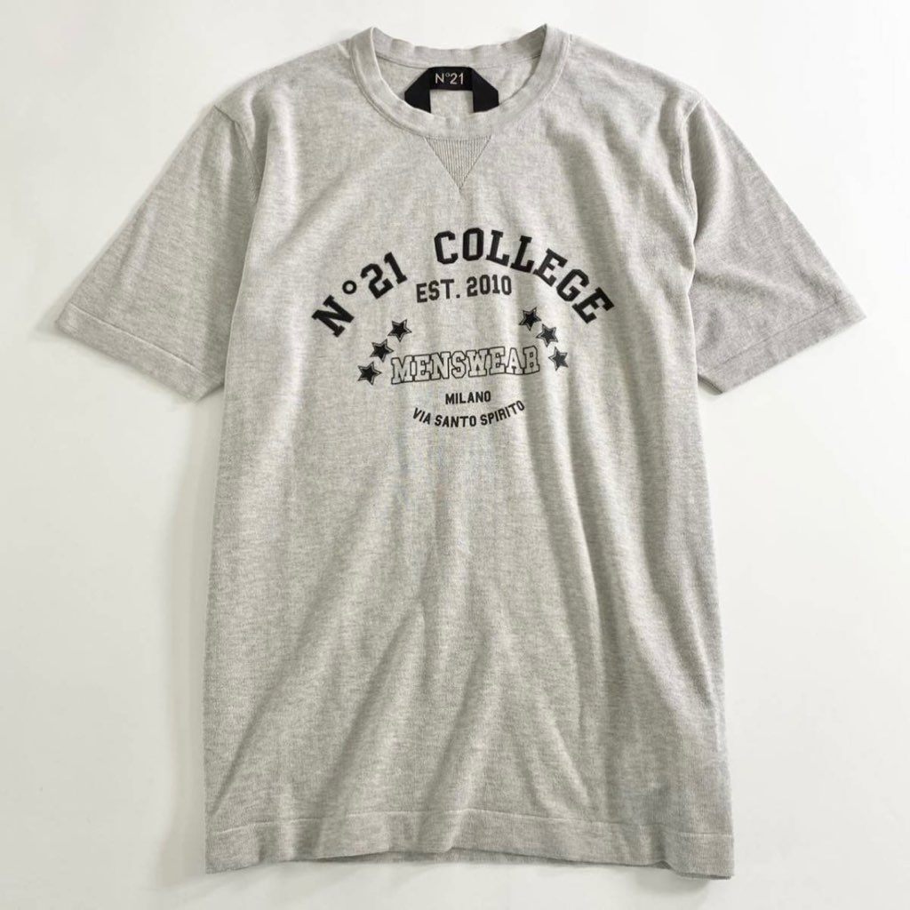 13f1 《未使用》 定価¥60,500 N°21 ヌメロ ヴェントゥーノ 23SS 立体ブランドロゴ 半袖カットソー コットンニット グレー 48 グレー