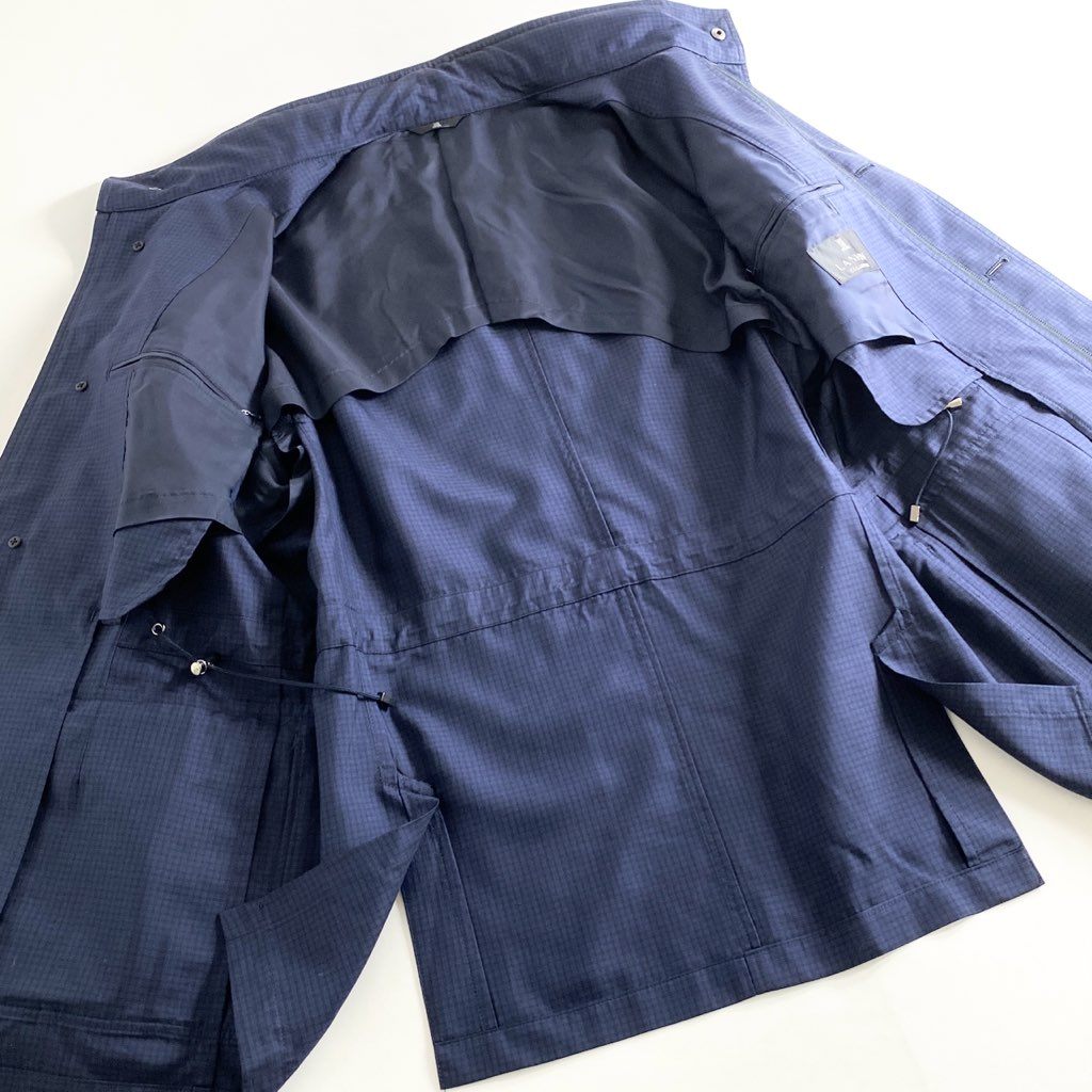 57b12-2 《美品》 大きいサイズ LANVIN COLLECTION ランバン コレクション スタンドカラージャケット ブルゾン 収納フード付き サイズ50 ネイビー シルク100% メンズ