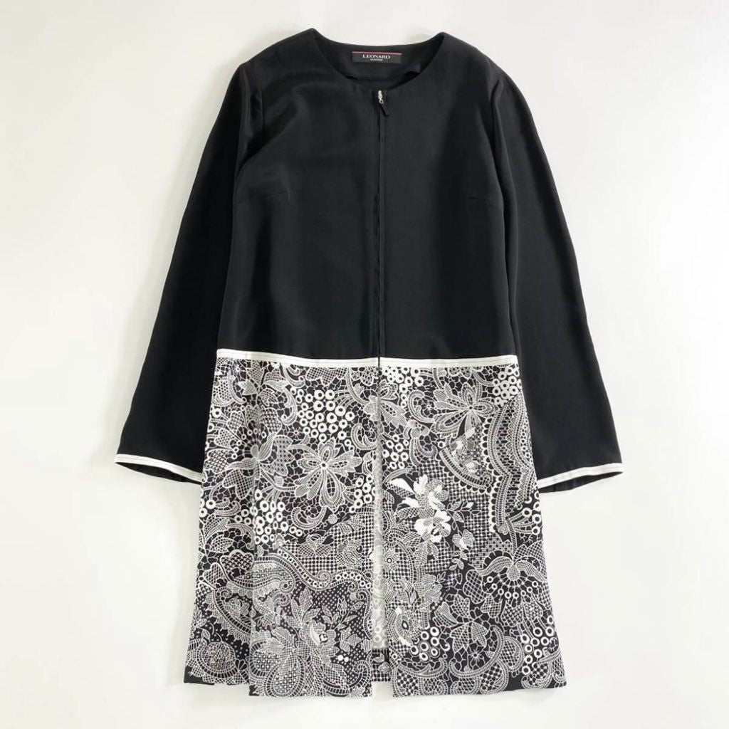 32f1 《美品》 LEONARD レオナール 長袖ワンピース ドレスワンピース シルク100% ウエスト切替 綺麗な花柄プリント 36 S レディース 女性用