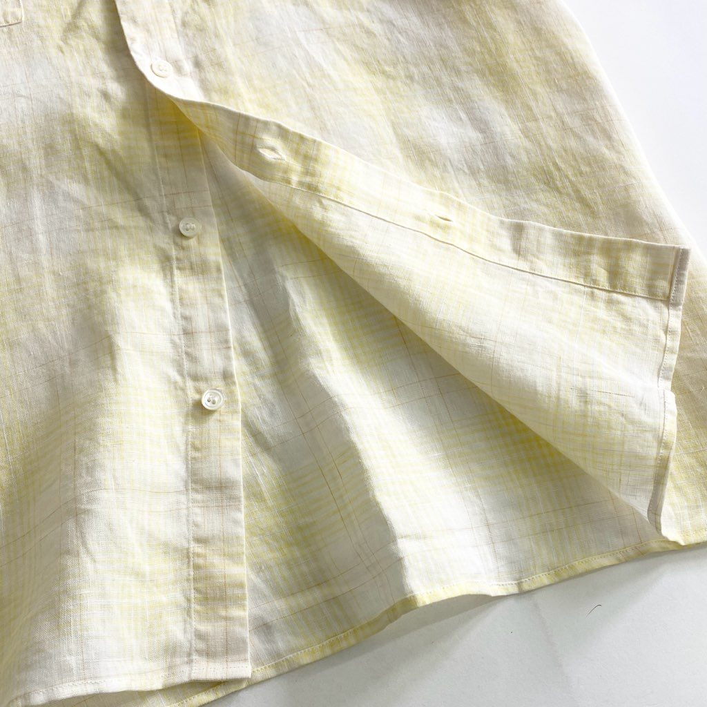 22b25-3 Papas パパス 日本製 リネン 半袖シャツ L イエロー LINEN SHIRT ショートスリーブ ワンポイントロゴ チェック柄 MADE IN JAPAN