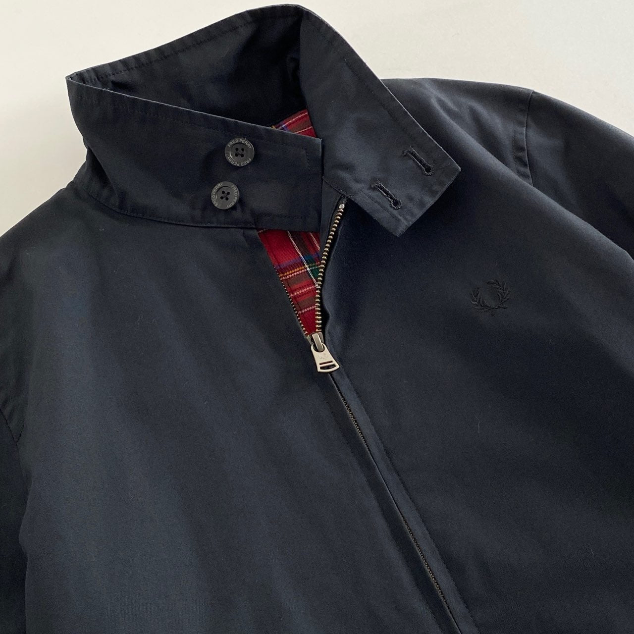 38L23 FRED PERRY フレッドペリー スイングトップ コート ジャケット S ネイビー ブルゾン 羽織 チェック 月桂樹 ワンポイント刺繍