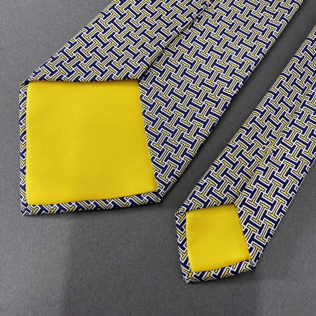 39b6-3 HERMES エルメス Hロゴ シルクネクタイ ビジネス イエロー ネイビー フォーマル SILK フランス製 5437FA