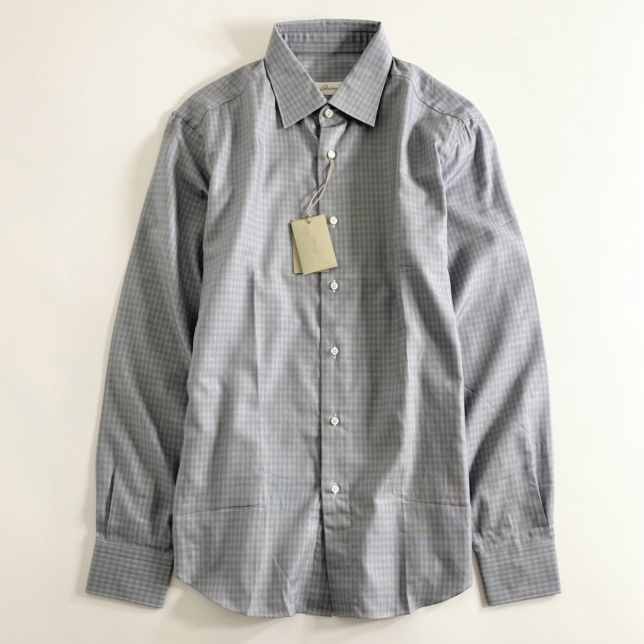 54A16 《極美品》 タグ付 イタリア製 Brioni ブリオーニ 長袖シャツ ドレスシャツ チェック柄 41 グレー ブルー クラシックシャツ CLASSIC SHIRT シェルボタン ロングスリーブ 春
