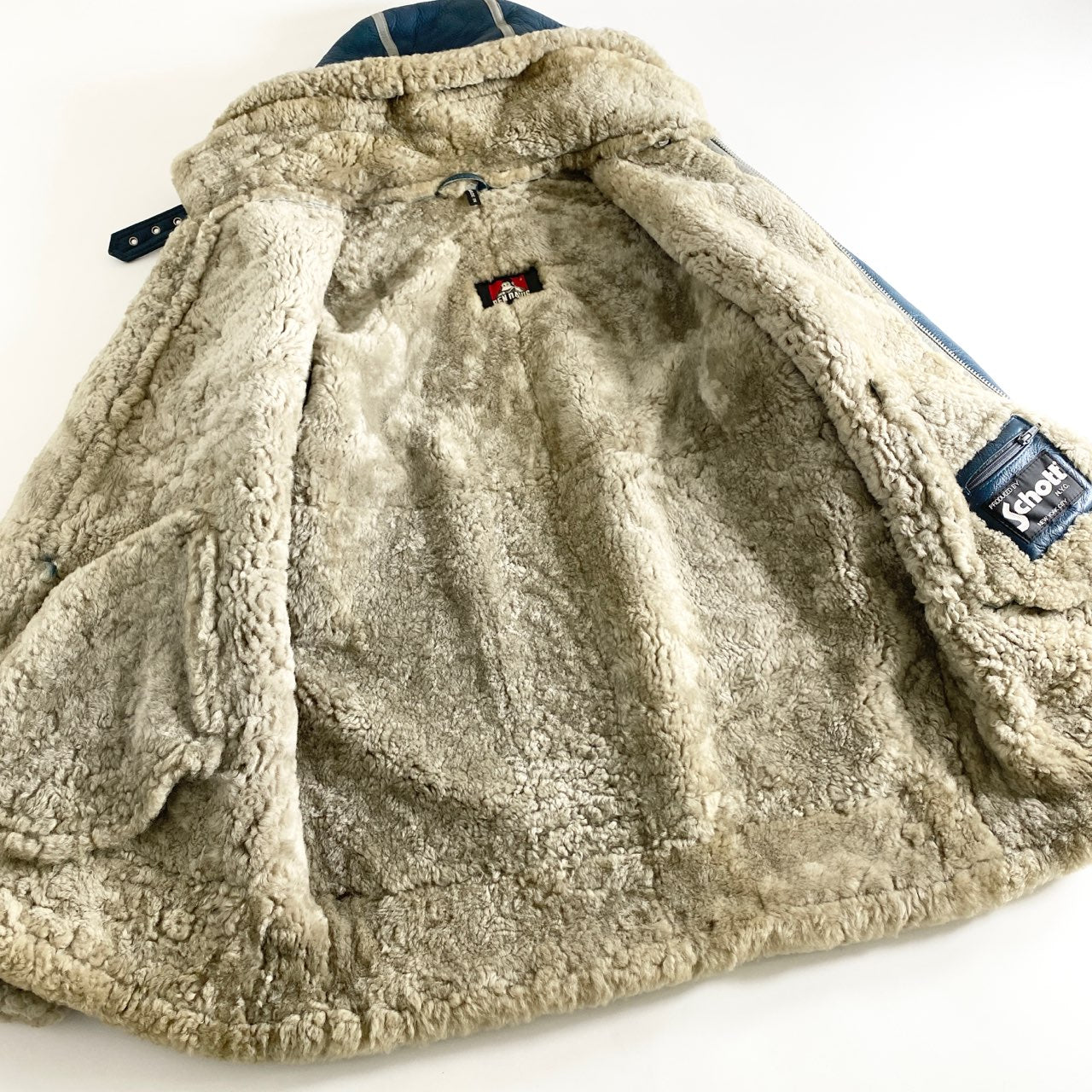 14a29 BEN DAVIS ベンデイビス × Schott ショット 世界150着限定 ムートンコート レザーコート リアルムートン 羊革 フード取り外し可能 40 ブルー メンズ 紳士服