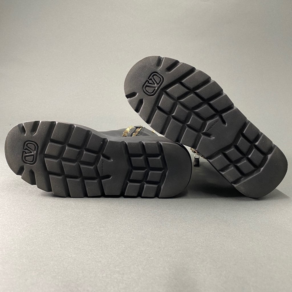 3a31 VALENTINO ヴァレンティノ NERO 厚底 ロックスタッズ サイドジップ アンクル ブーツ ショート 37 ブラック レザー