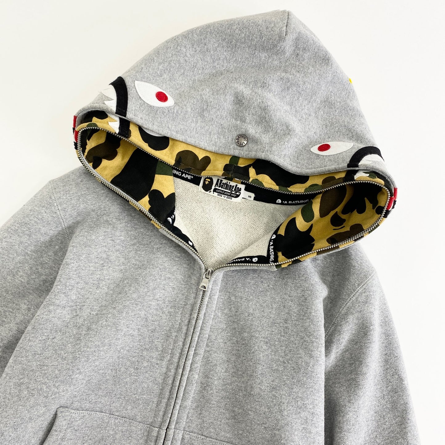 48k9 A BATHING APE アベイシングエイプ ダブルフードシャークパーカー S グレー コットン 迷彩 カモフラ スウェット 羽織