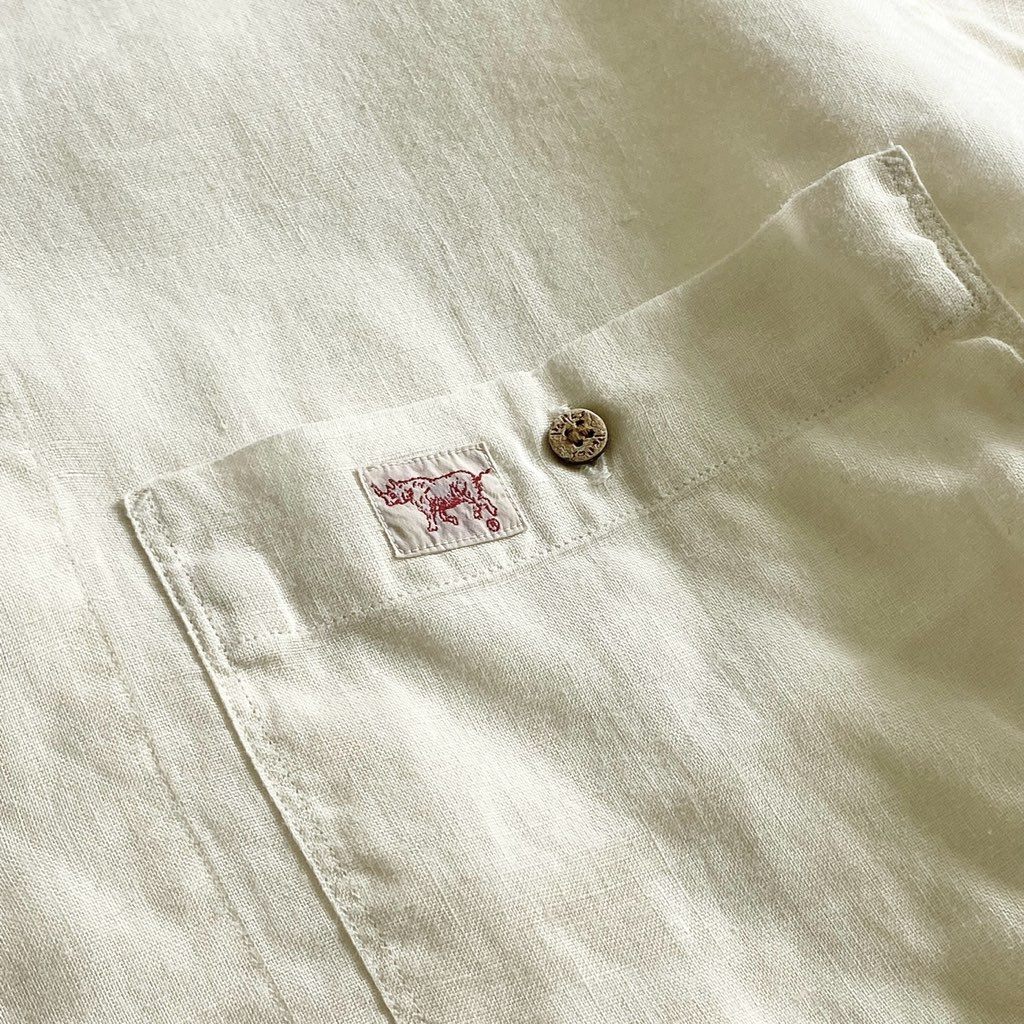 22b25-4 Papas パパス 日本製 リネン 半袖シャツ L ベージュ LINEN SHIRT ショートスリーブ ワンポイントロゴ オープンカラー 開襟 MADE IN JAPAN