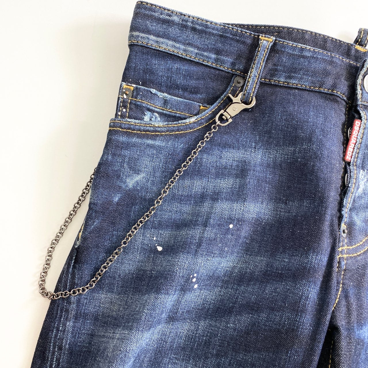 47L7《美品》イタリア製 DSQUARED2 ディースクエアード ヴィンテージ加工 デニムスキニーパンツ 46 インディゴ ウォレットチェーン付き